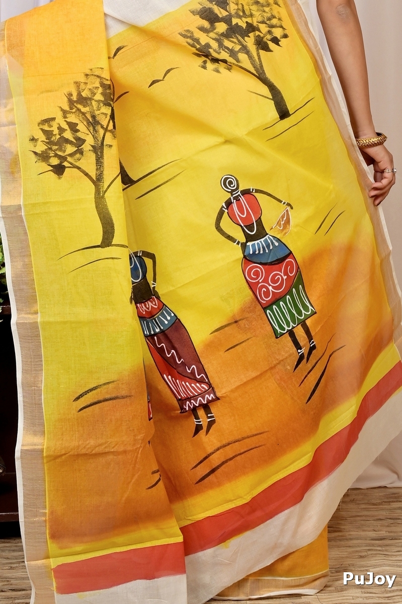 Multi-Coloured Pure Cotton Hataka Hand Painted Saree (9013)