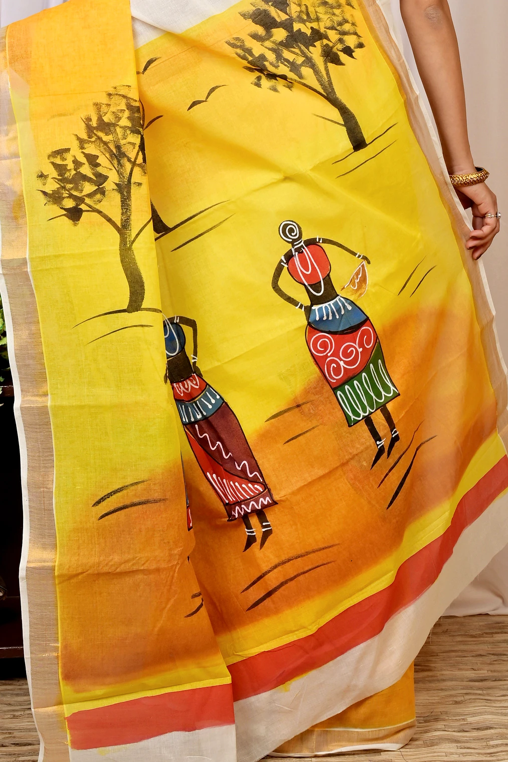 Multi-Coloured Pure Cotton Hataka Hand Painted Saree (9013)