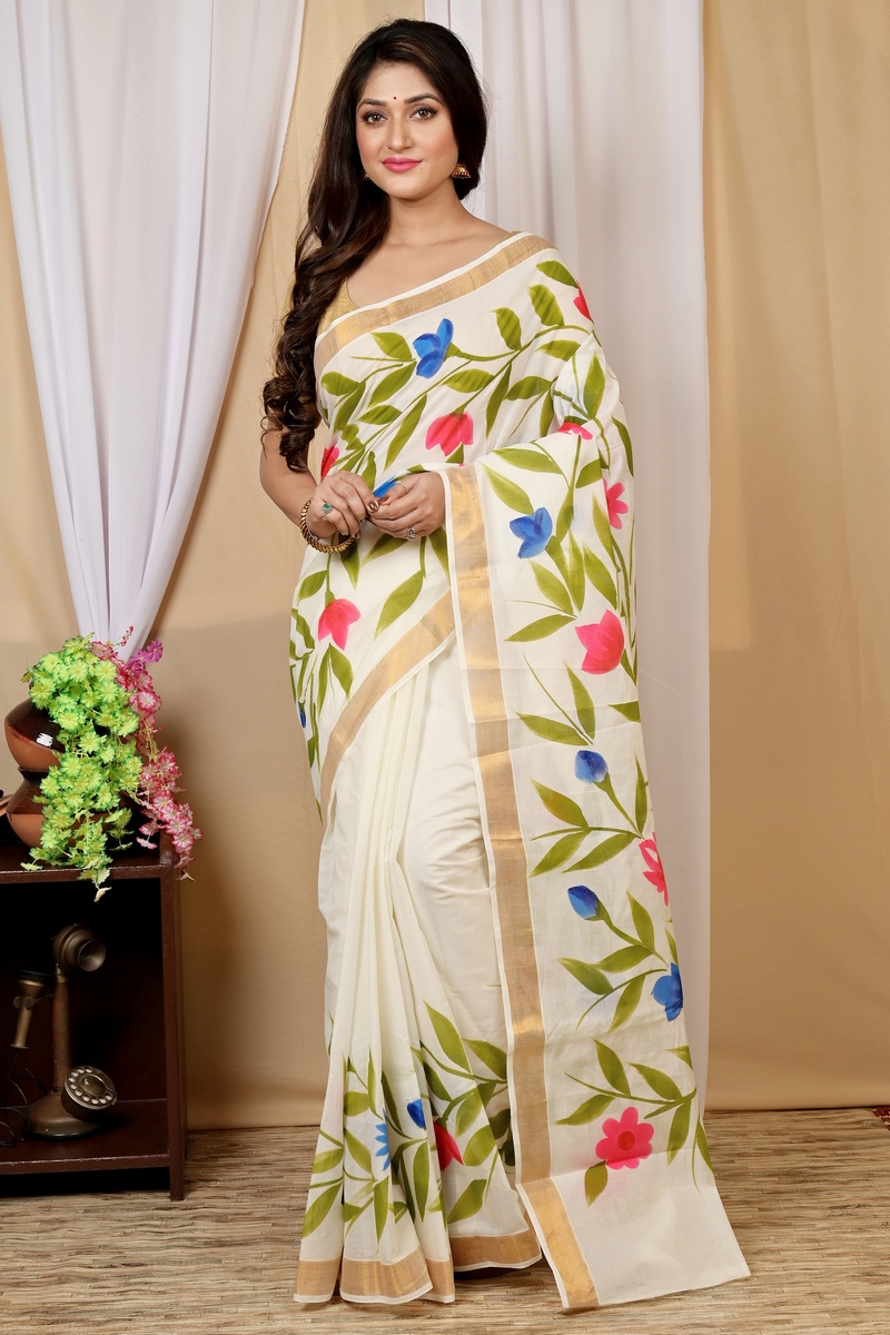 Multi-Coloured Pure Cotton Hataka Hand Painted Saree (9014)