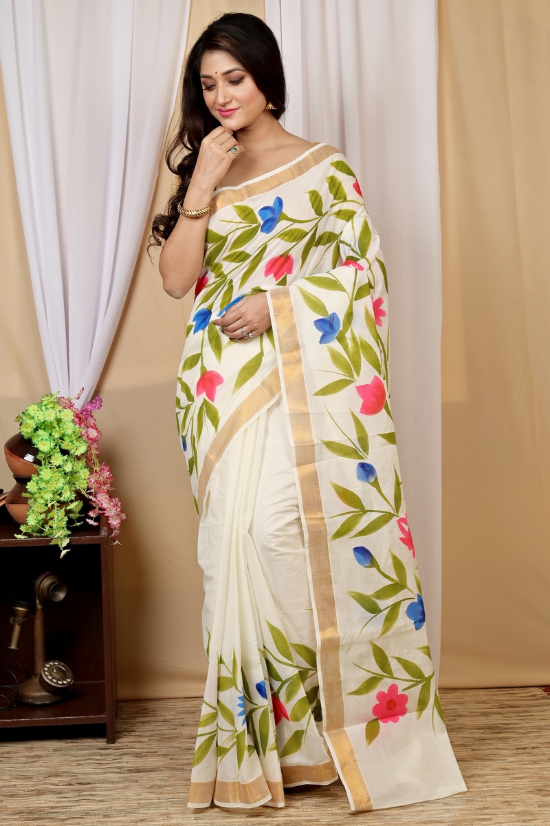 Multi-Coloured Pure Cotton Hataka Hand Painted Saree (9014)