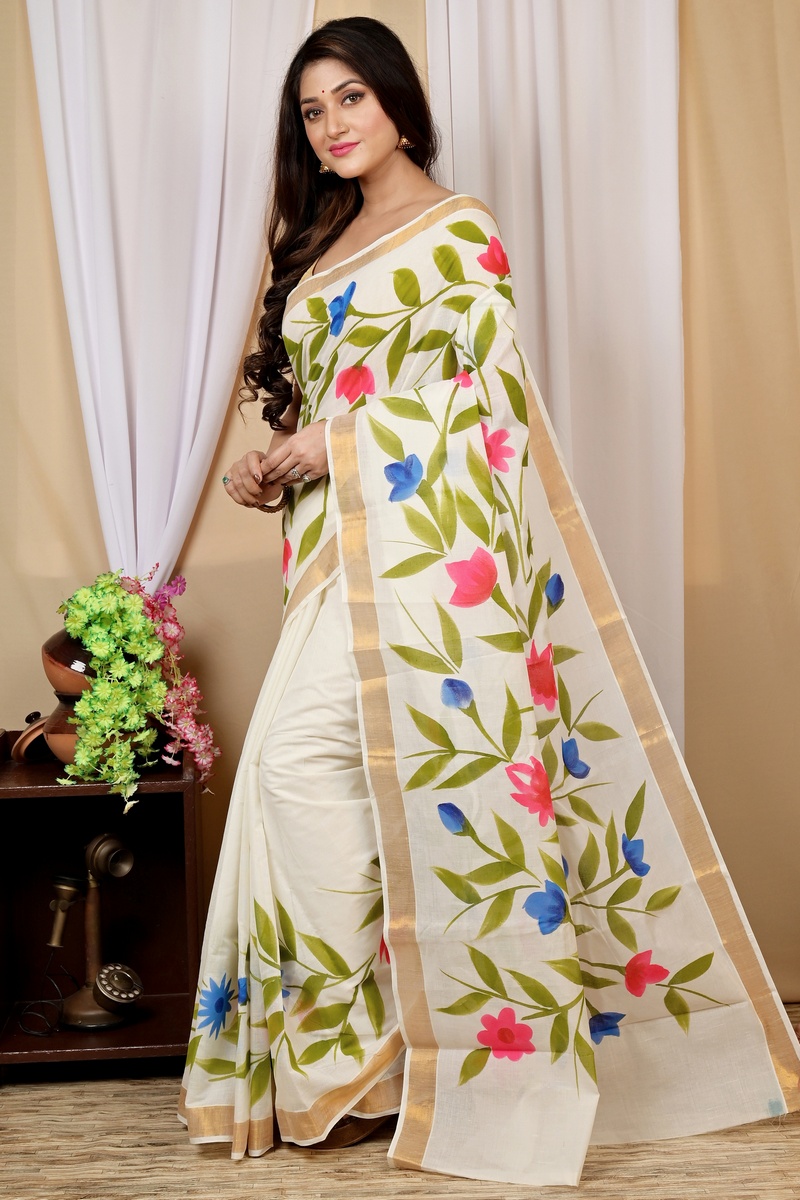 Multi-Coloured Pure Cotton Hataka Hand Painted Saree (9014)