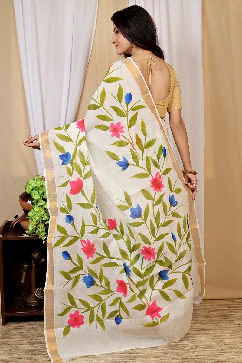 Multi-Coloured Pure Cotton Hataka Hand Painted Saree (9014)