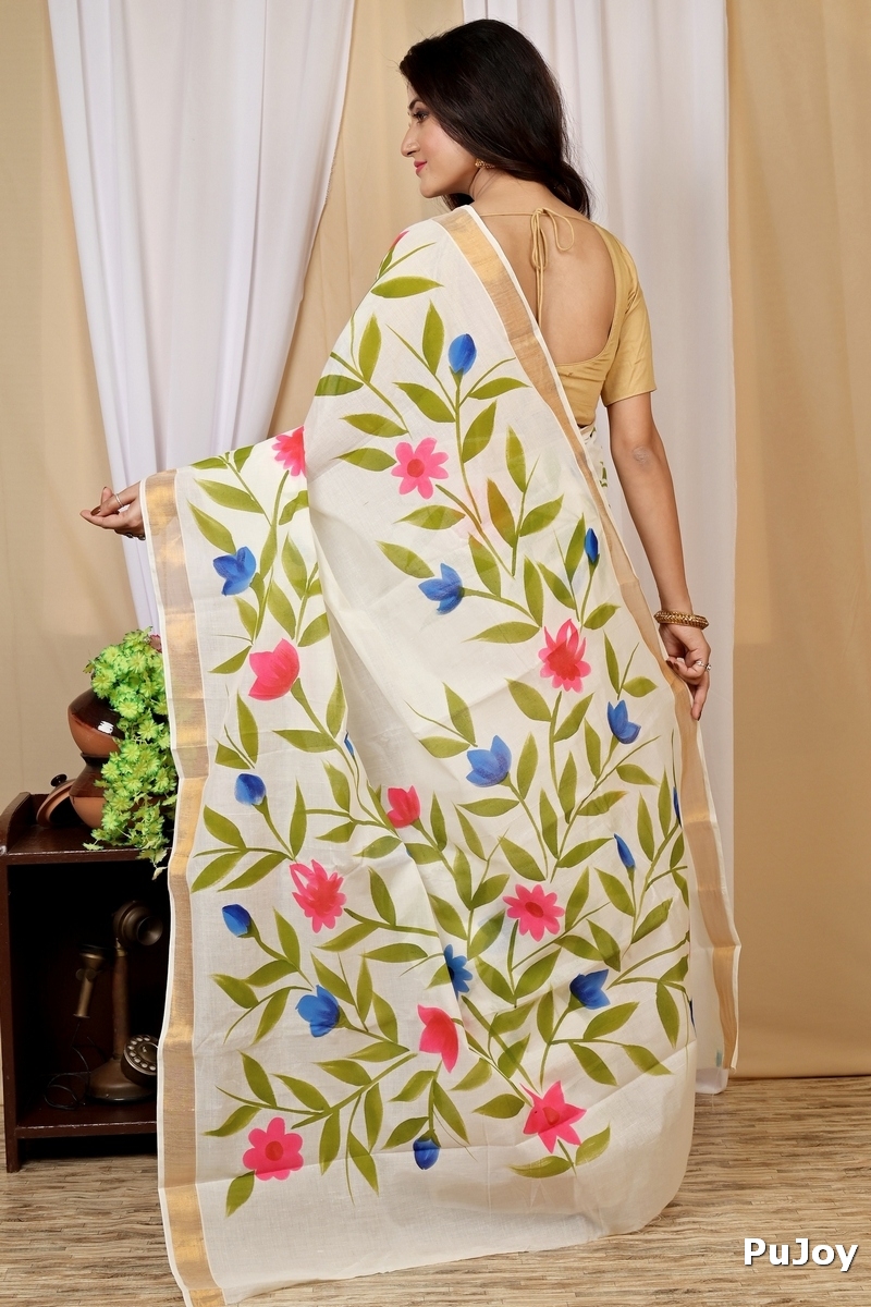 Multi-Coloured Pure Cotton Hataka Hand Painted Saree (9014)