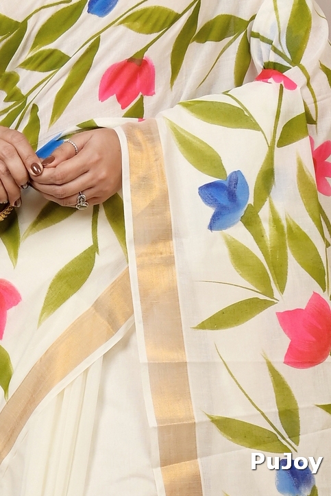 Multi-Coloured Pure Cotton Hataka Hand Painted Saree (9014)