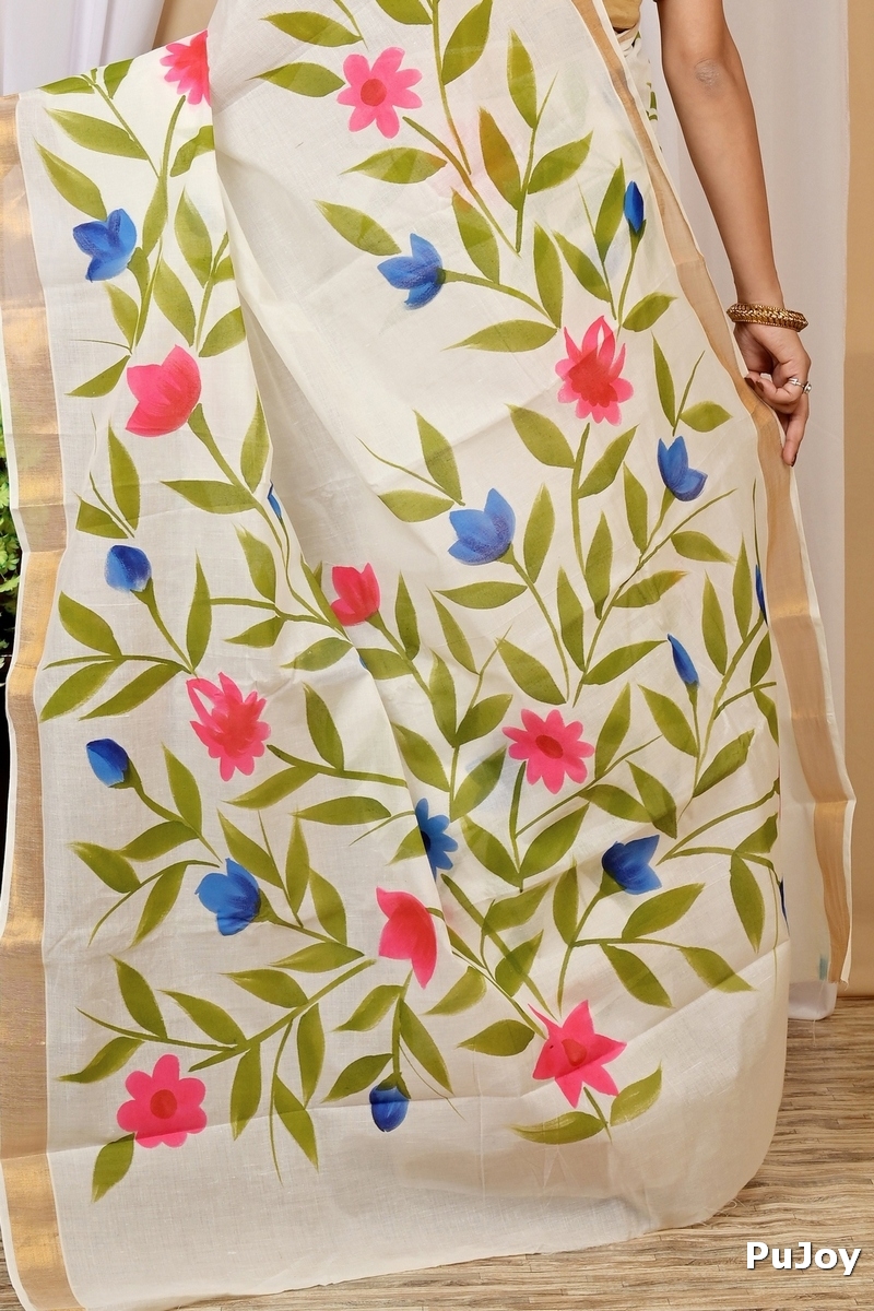 Multi-Coloured Pure Cotton Hataka Hand Painted Saree (9014)