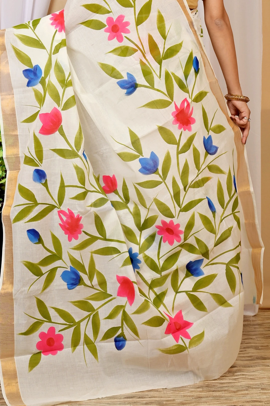 Multi-Coloured Pure Cotton Hataka Hand Painted Saree (9014)