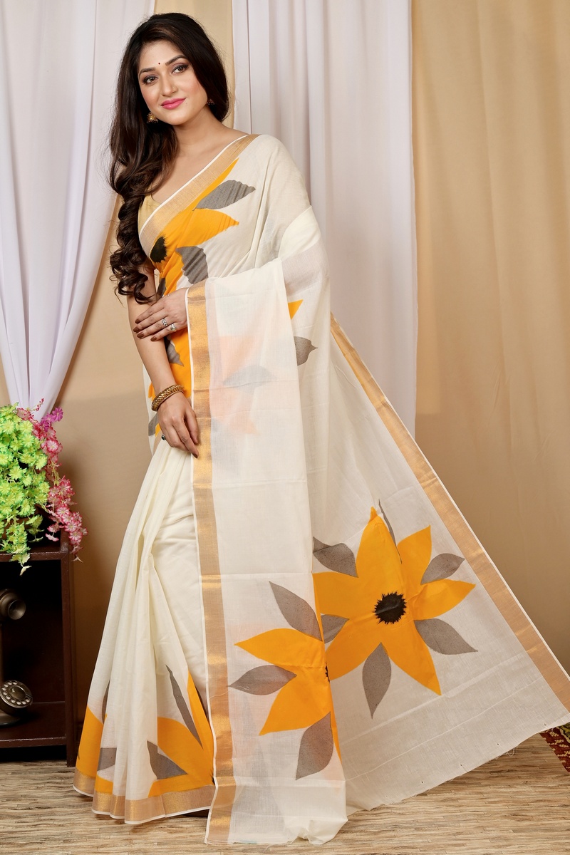 Multi-Coloured Pure Cotton Hataka Hand Painted Saree (9015)