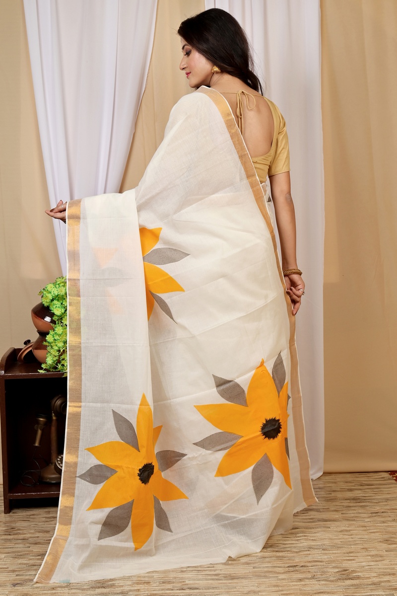 Multi-Coloured Pure Cotton Hataka Hand Painted Saree (9015)