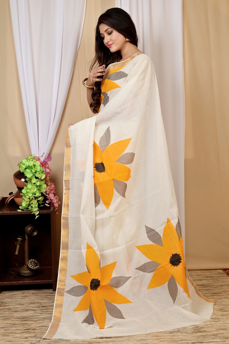 Multi-Coloured Pure Cotton Hataka Hand Painted Saree (9015)