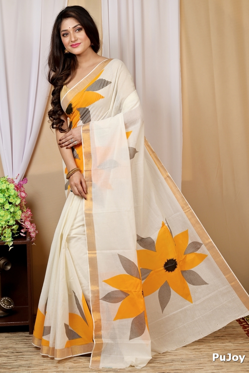 Multi-Coloured Pure Cotton Hataka Hand Painted Saree (9015)