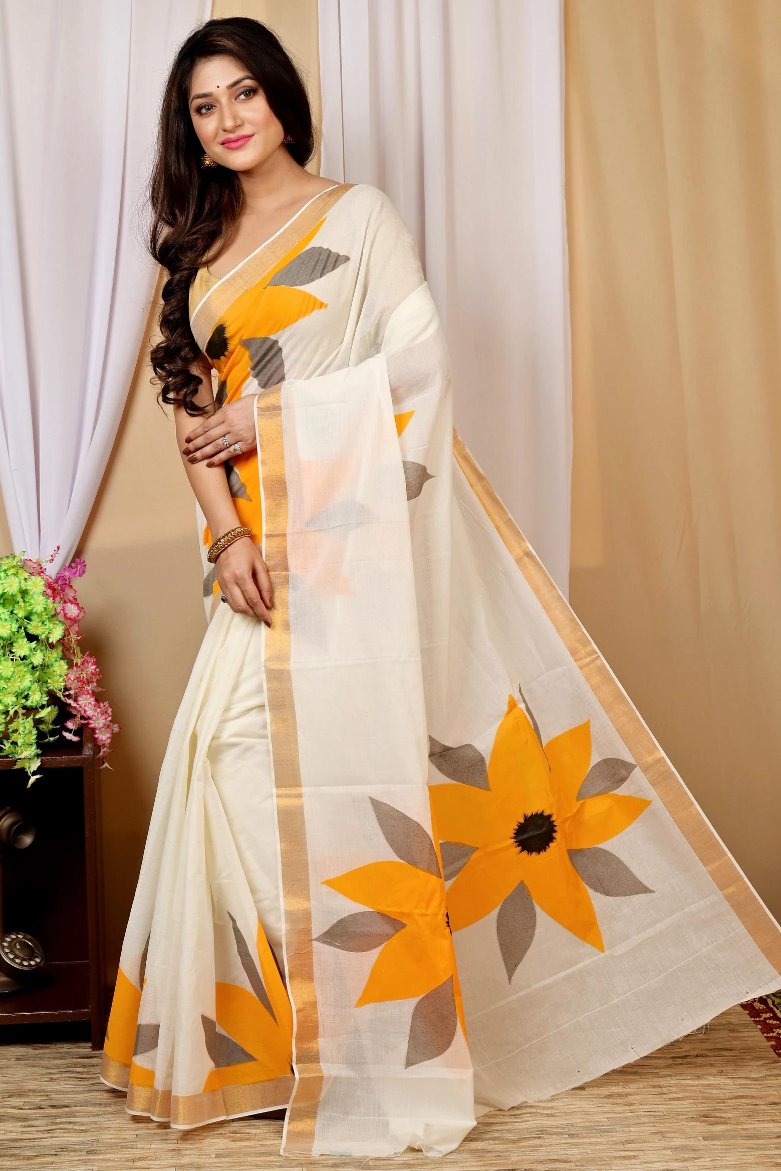 Multi-Coloured Pure Cotton Hataka Hand Painted Saree (9015)