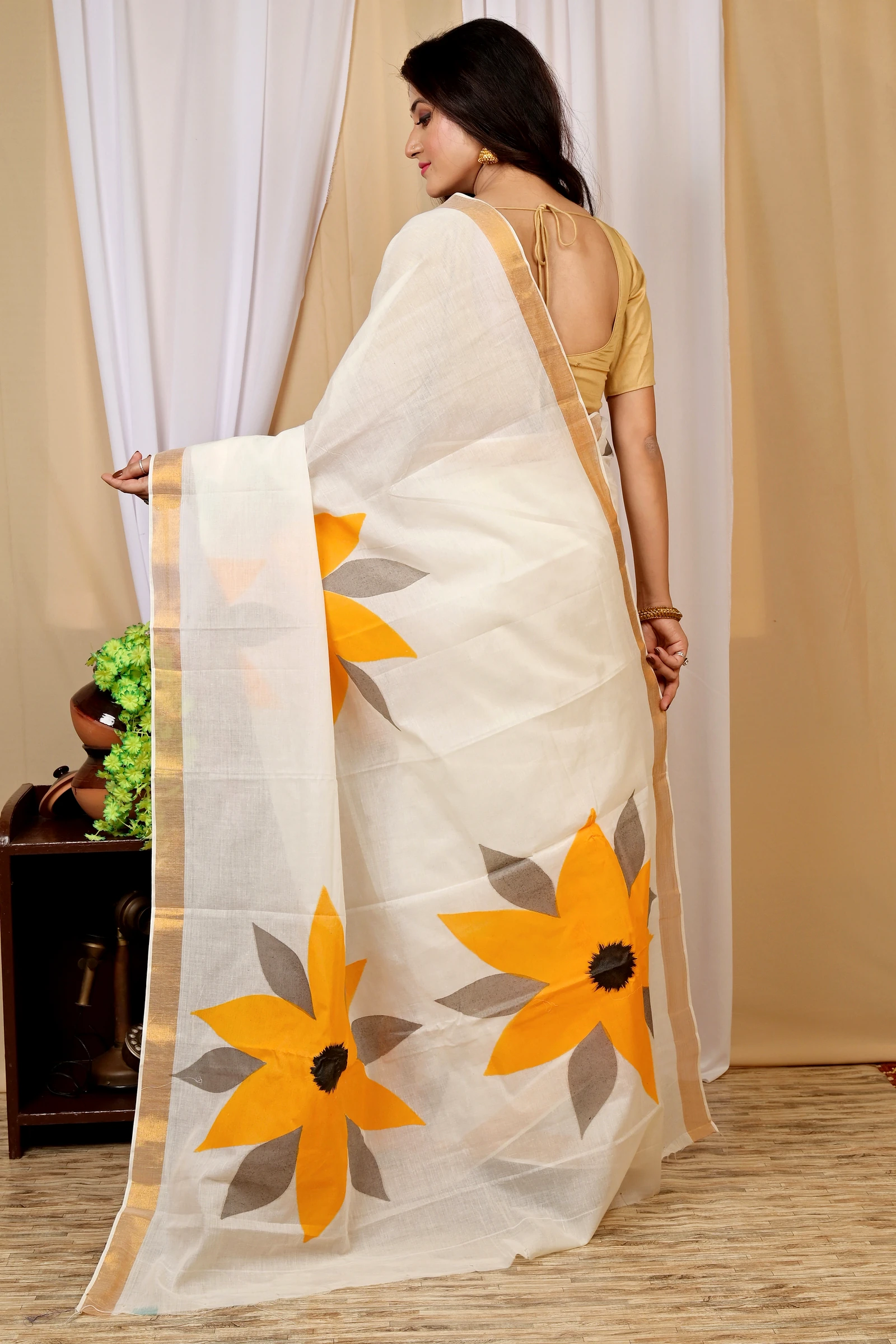 Multi-Coloured Pure Cotton Hataka Hand Painted Saree (9015)