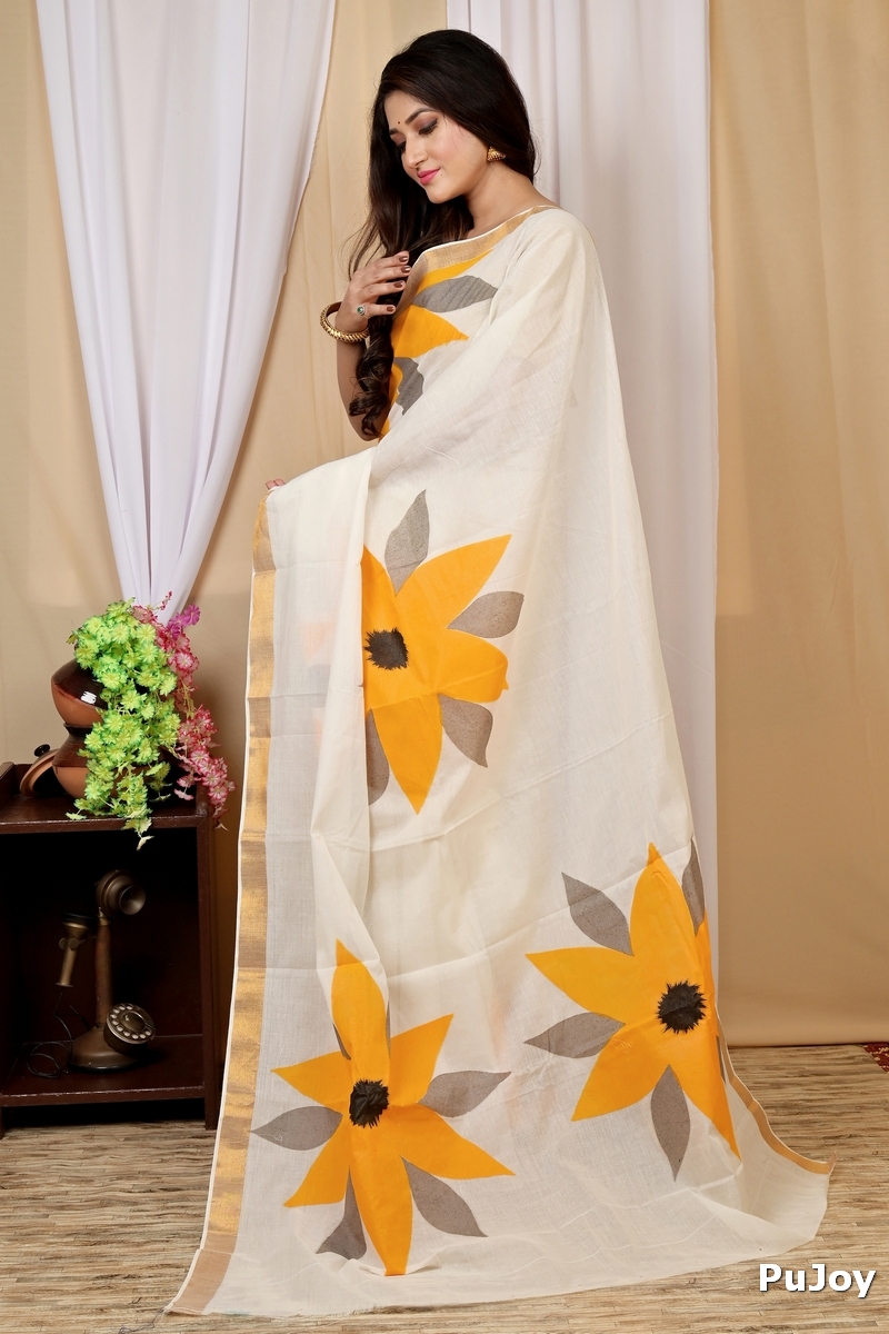 Multi-Coloured Pure Cotton Hataka Hand Painted Saree (9015)