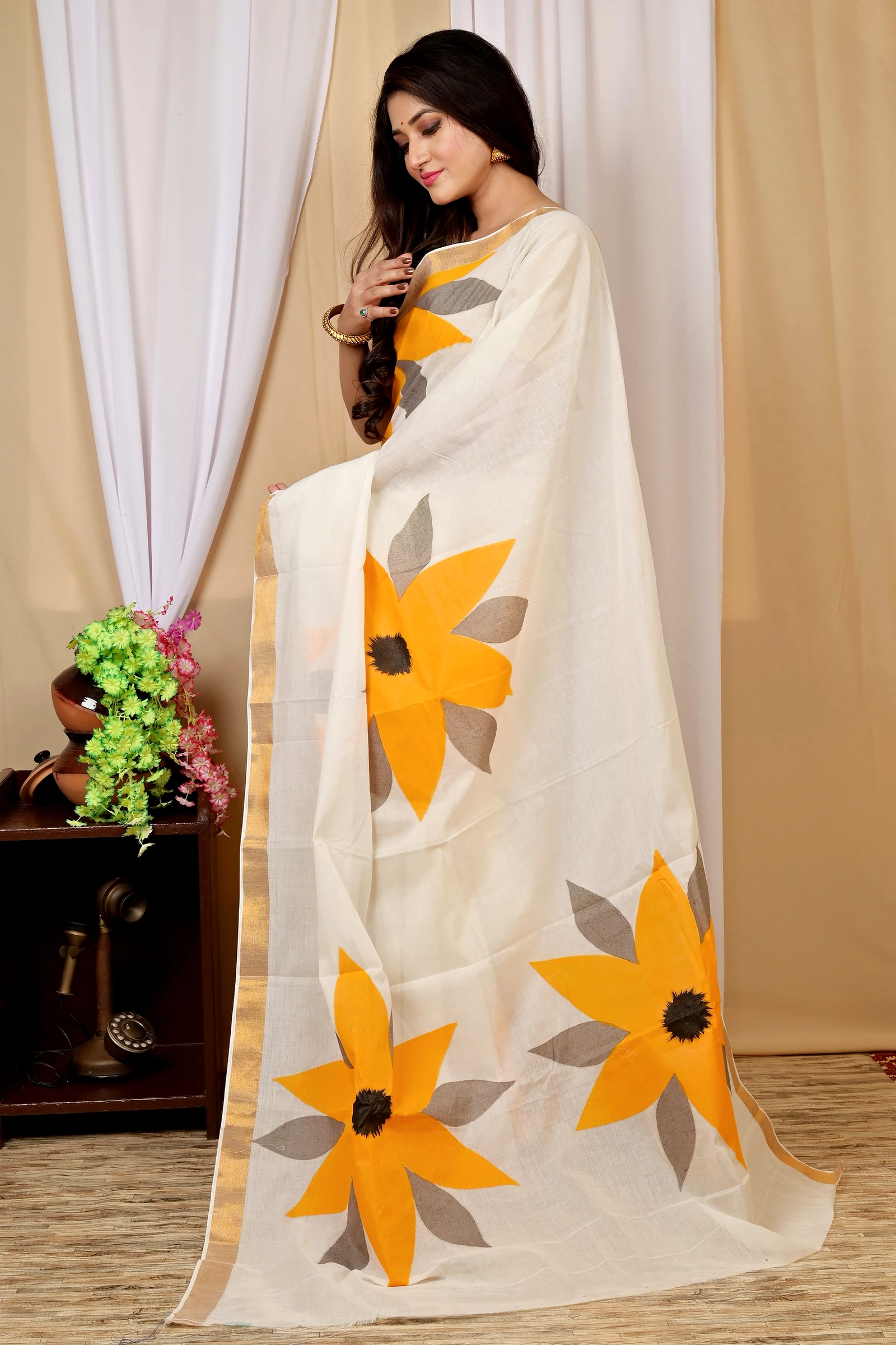 Multi-Coloured Pure Cotton Hataka Hand Painted Saree (9015)