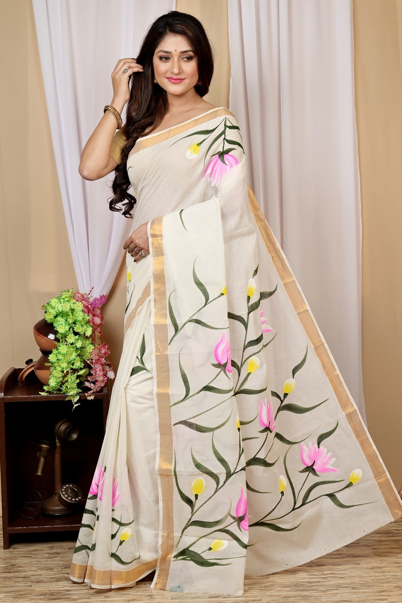 Multi-Coloured Pure Cotton Hataka Hand Painted Saree (9017)
