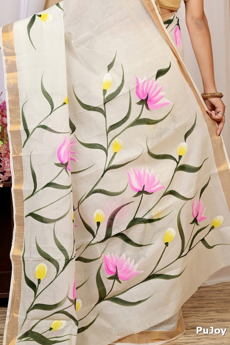 Multi-Coloured Pure Cotton Hataka Hand Painted Saree (9017)