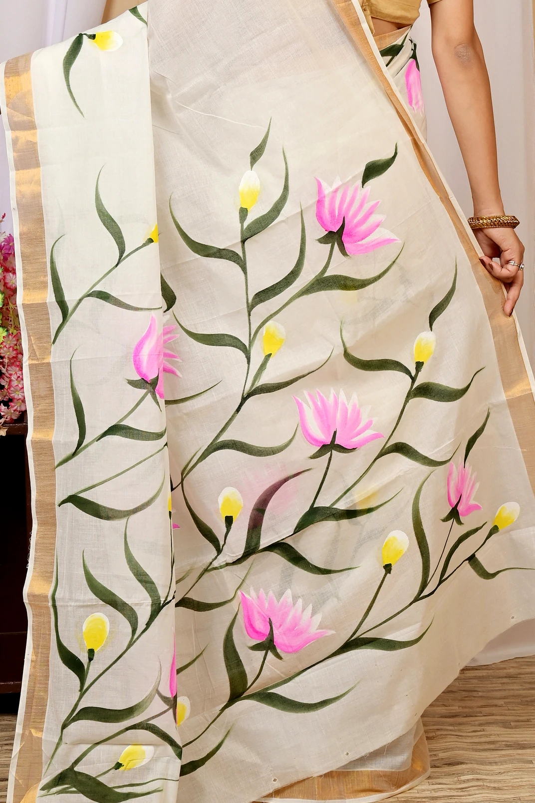 Multi-Coloured Pure Cotton Hataka Hand Painted Saree (9017)