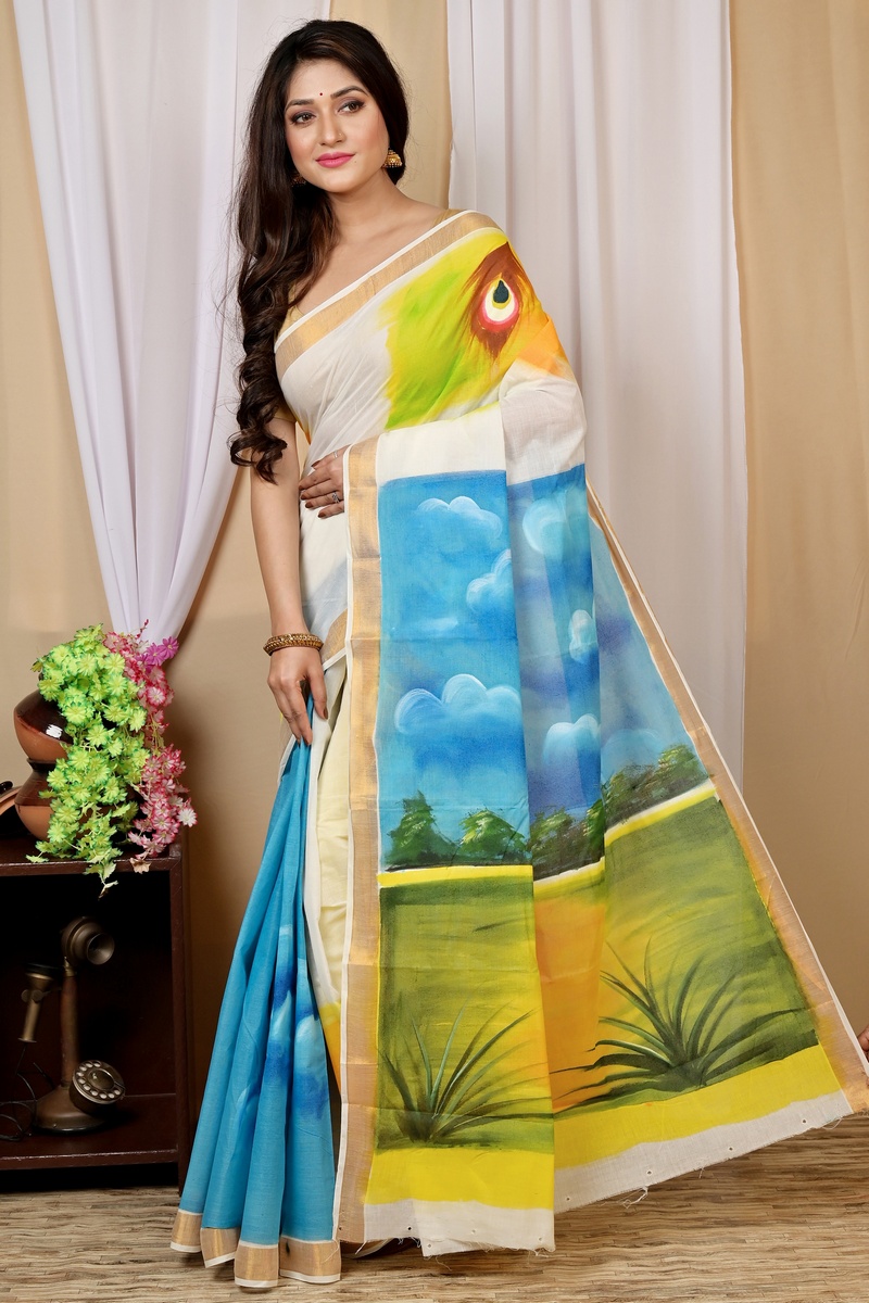 Multi-Coloured Pure Cotton Hataka Hand Painted Saree (9018)