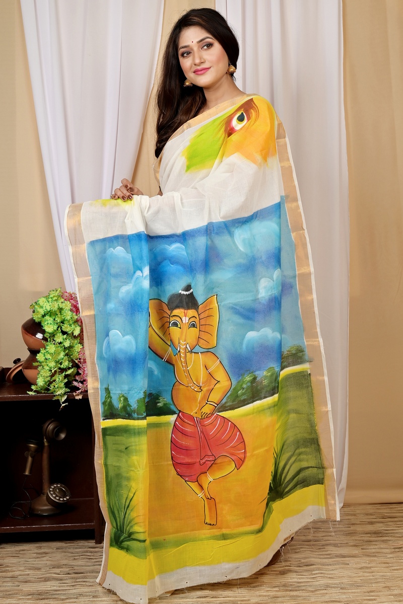 Multi-Coloured Pure Cotton Hataka Hand Painted Saree (9018)