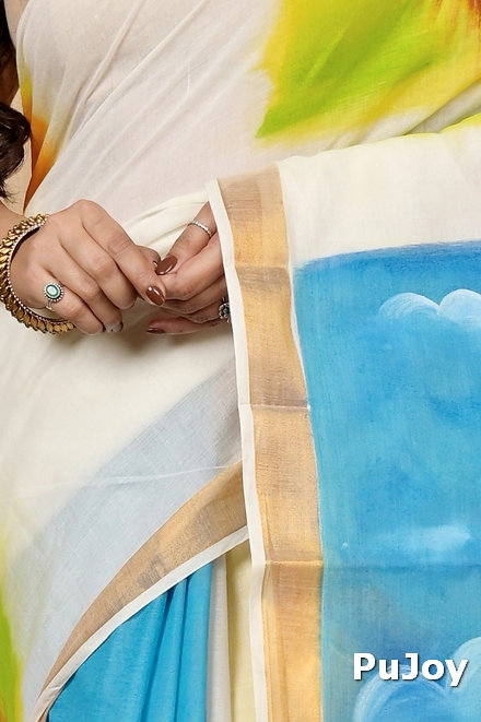 Multi-Coloured Pure Cotton Hataka Hand Painted Saree (9018)