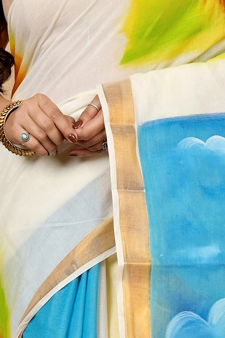 Multi-Coloured Pure Cotton Hataka Hand Painted Saree (9018)