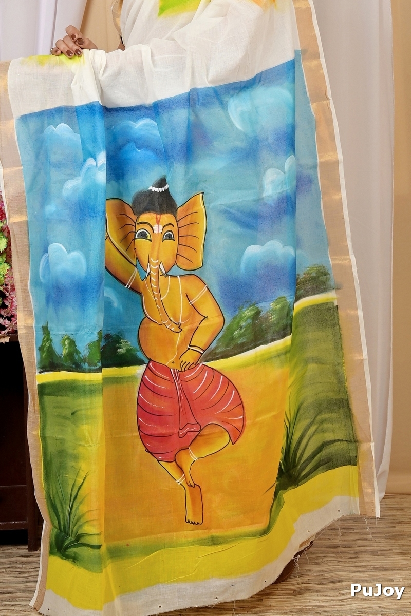 Multi-Coloured Pure Cotton Hataka Hand Painted Saree (9018)