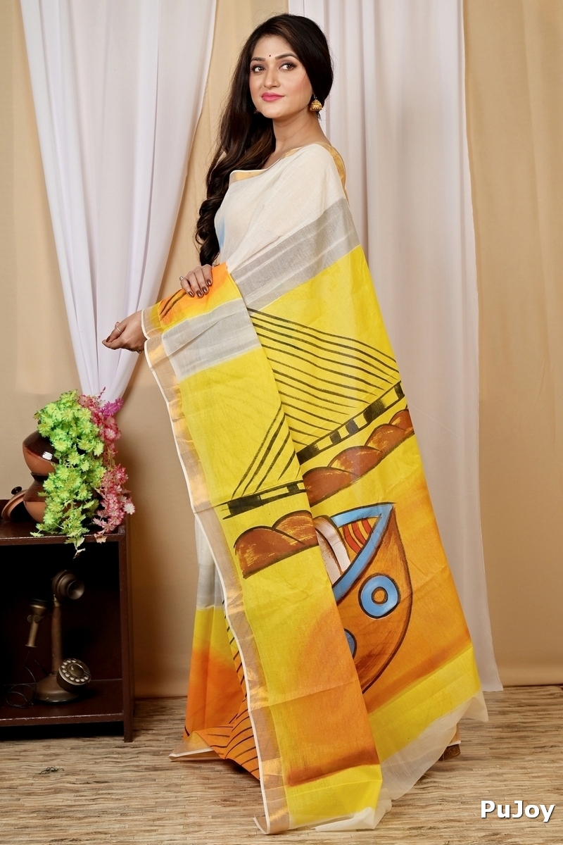 Multi-Coloured Pure Cotton Hataka Hand Painted Saree (9019)