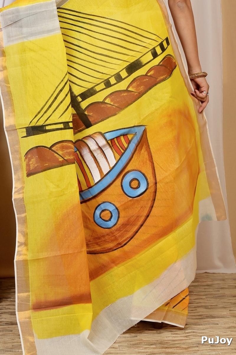 Multi-Coloured Pure Cotton Hataka Hand Painted Saree (9019)