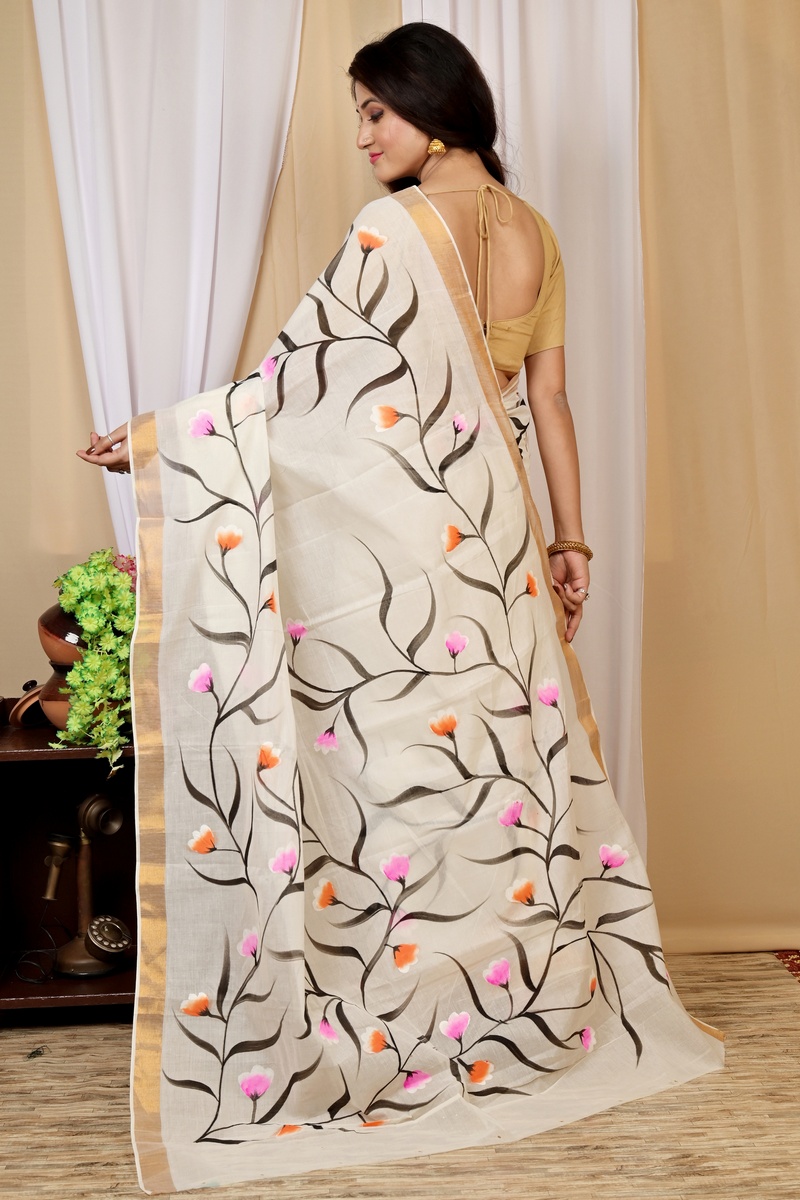 Multi-Coloured Pure Cotton Hataka Hand Painted Saree (9020)