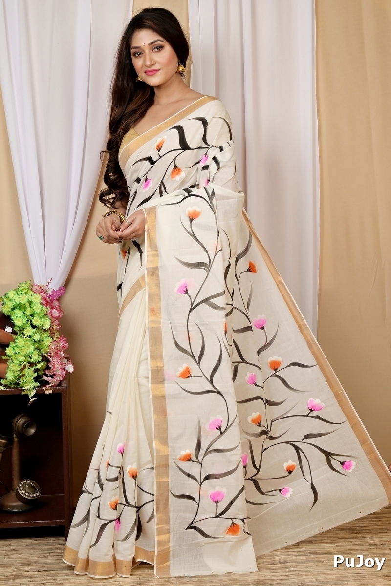 Multi-Coloured Pure Cotton Hataka Hand Painted Saree (9020)