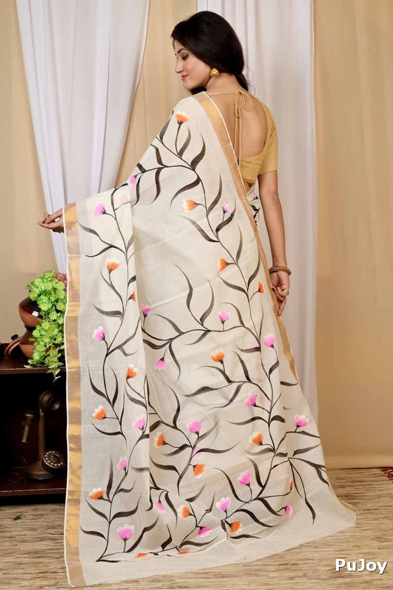 Multi-Coloured Pure Cotton Hataka Hand Painted Saree (9020)
