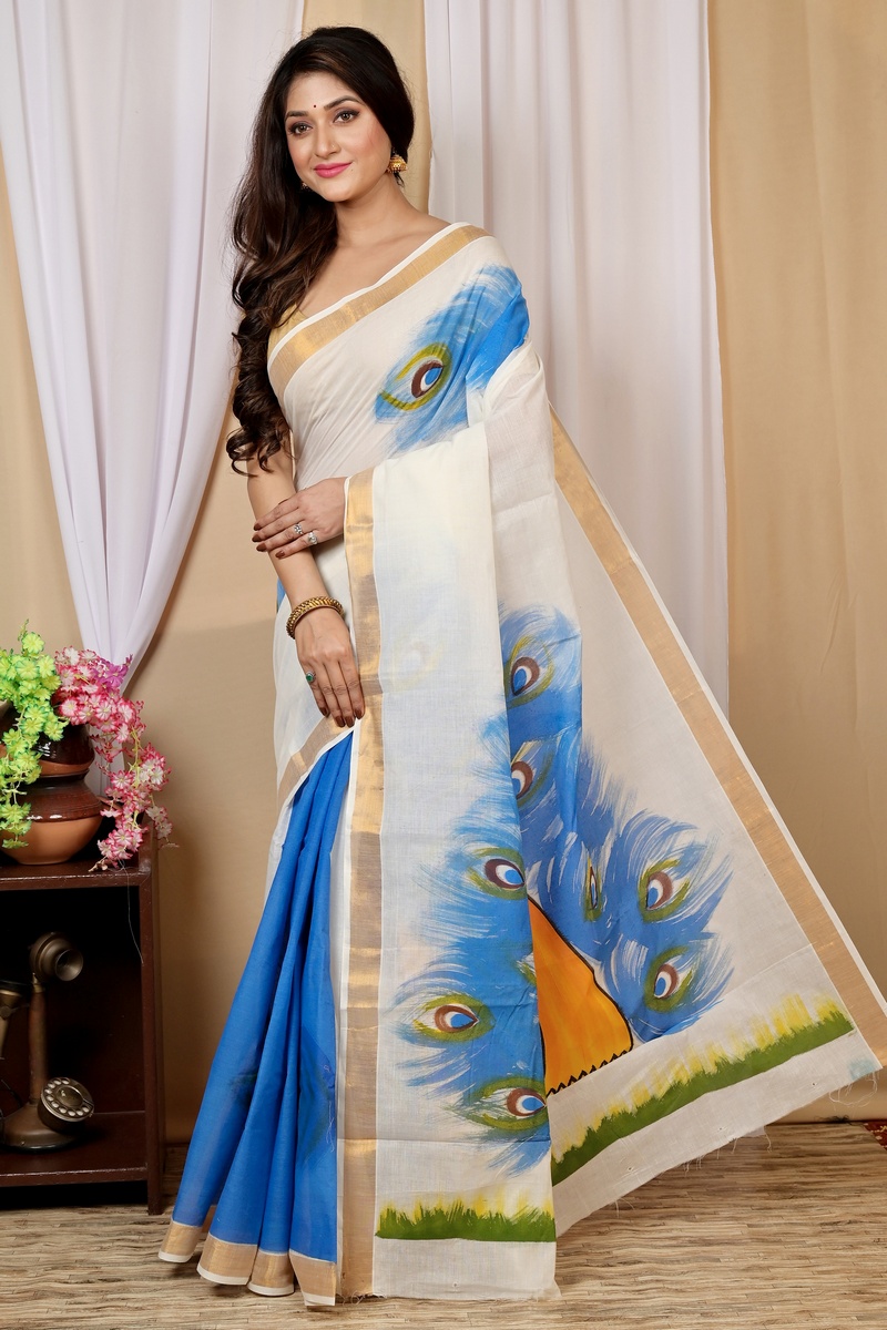 Multi-Coloured Pure Cotton Hataka Hand Painted Saree (9021)