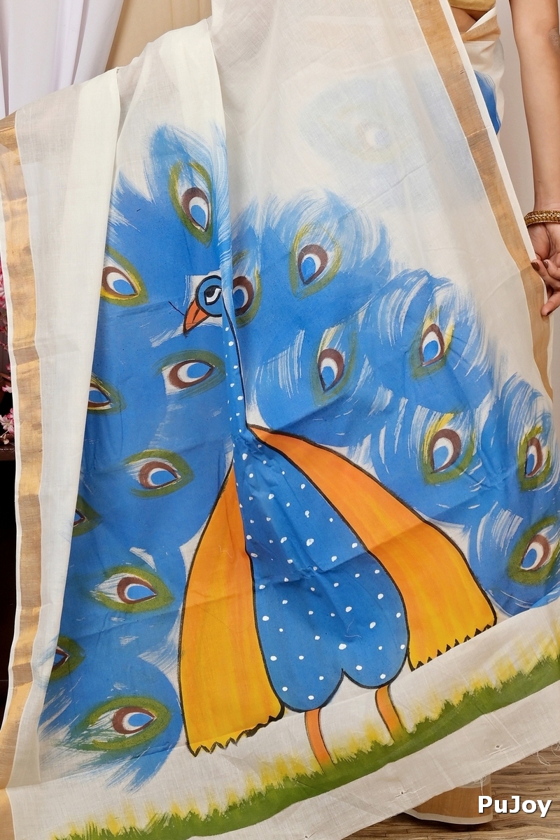 Multi-Coloured Pure Cotton Hataka Hand Painted Saree (9021)