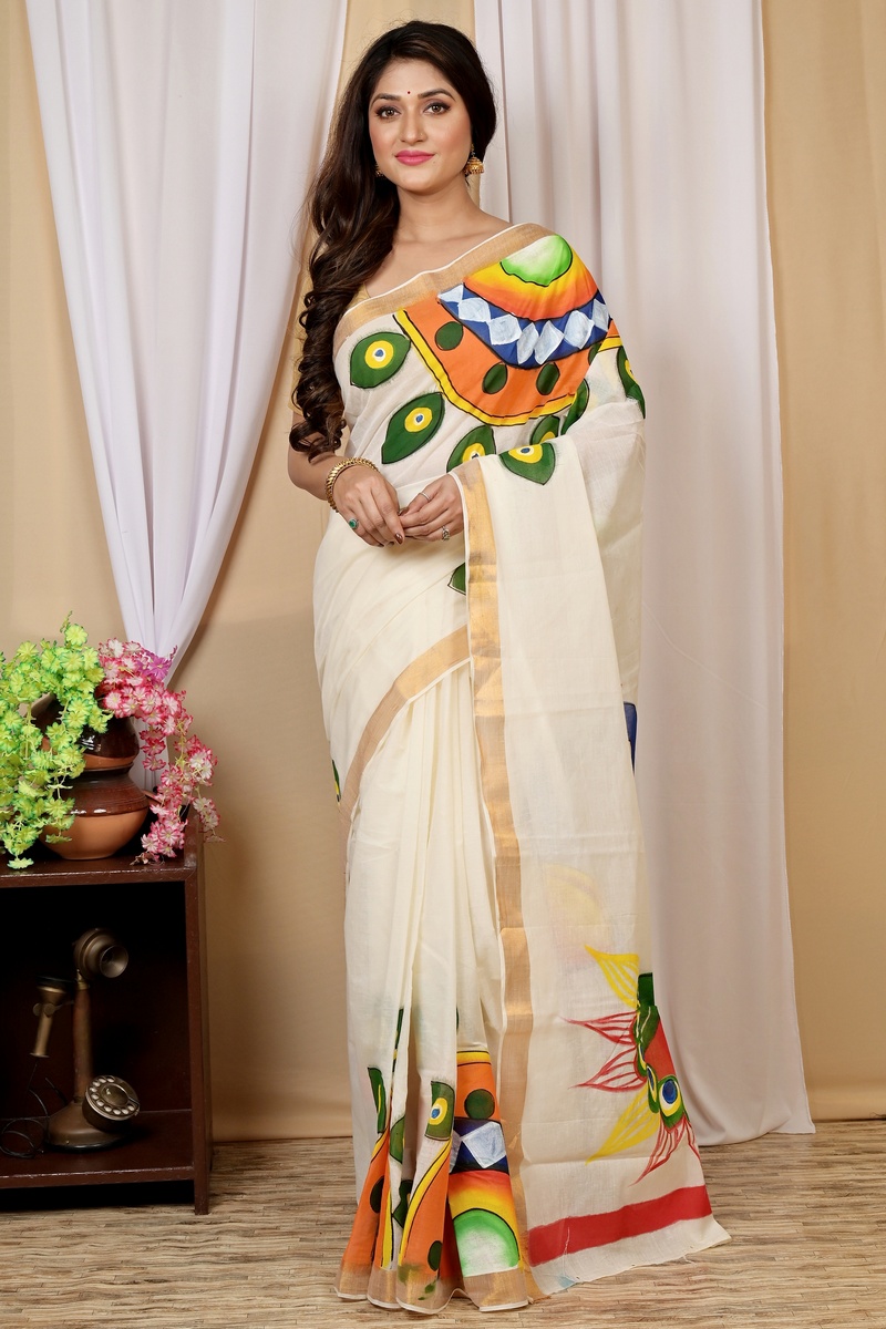 Multi-Coloured Pure Cotton Hataka Hand Painted Saree (9022)