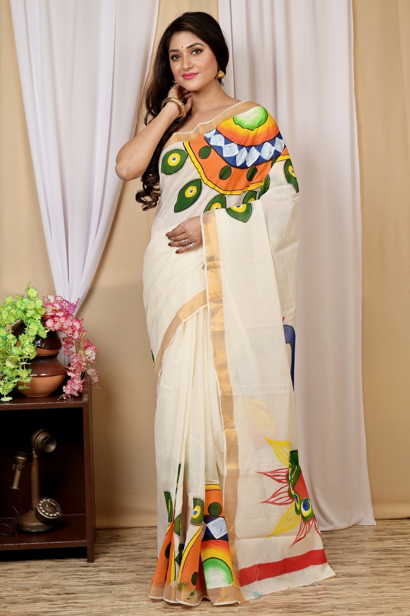 Multi-Coloured Pure Cotton Hataka Hand Painted Saree (9022)