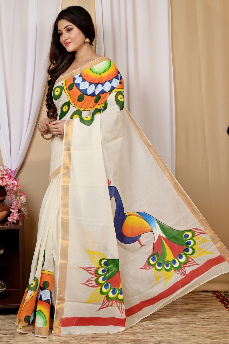 Multi-Coloured Pure Cotton Hataka Hand Painted Saree (9022)