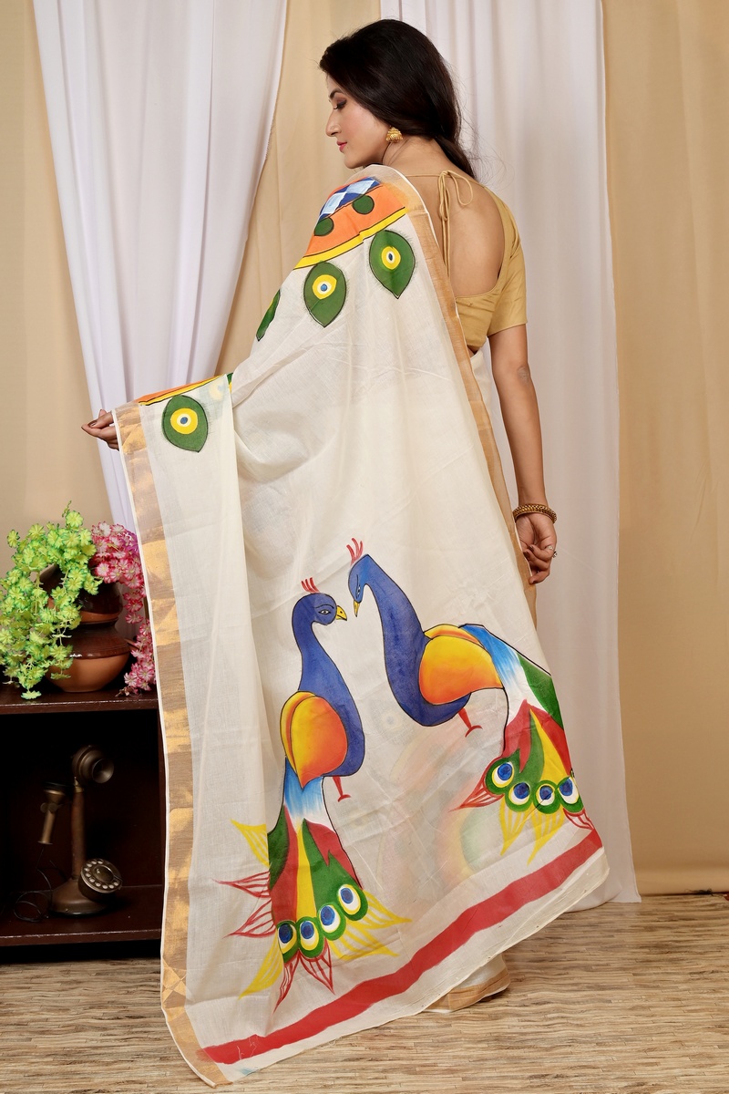 Multi-Coloured Pure Cotton Hataka Hand Painted Saree (9022)