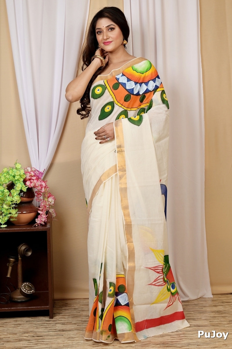 Multi-Coloured Pure Cotton Hataka Hand Painted Saree (9022)