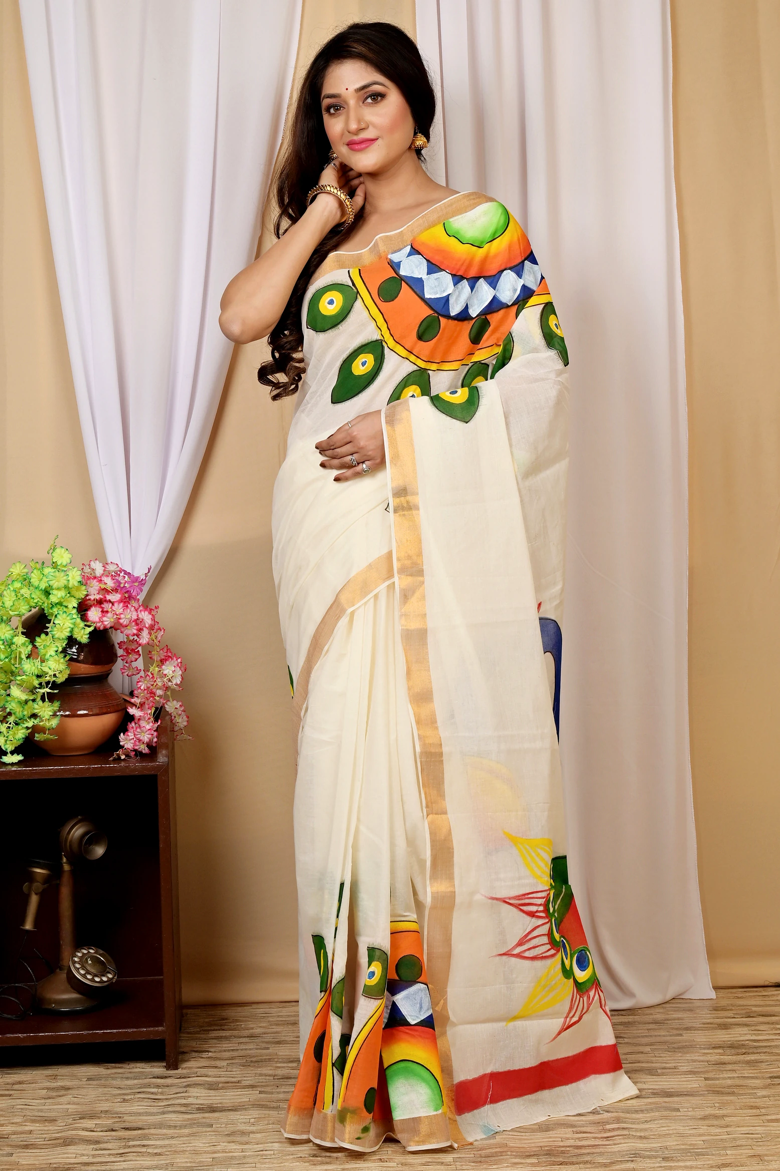 Multi-Coloured Pure Cotton Hataka Hand Painted Saree (9022)