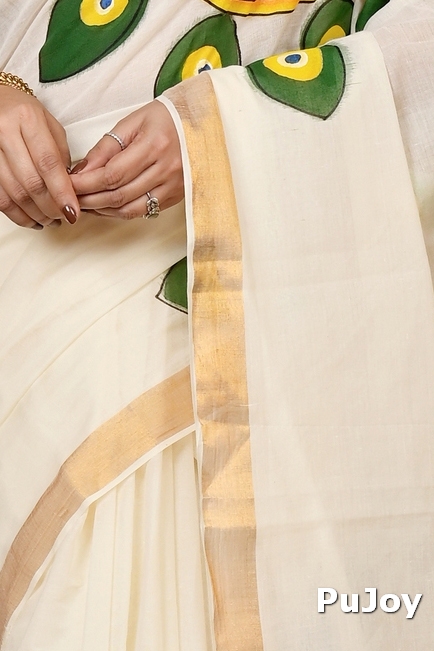 Multi-Coloured Pure Cotton Hataka Hand Painted Saree (9022)