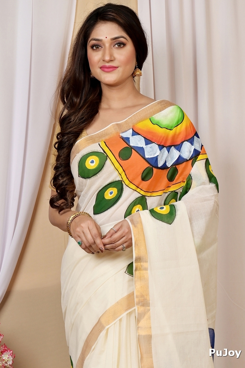Multi-Coloured Pure Cotton Hataka Hand Painted Saree (9022)