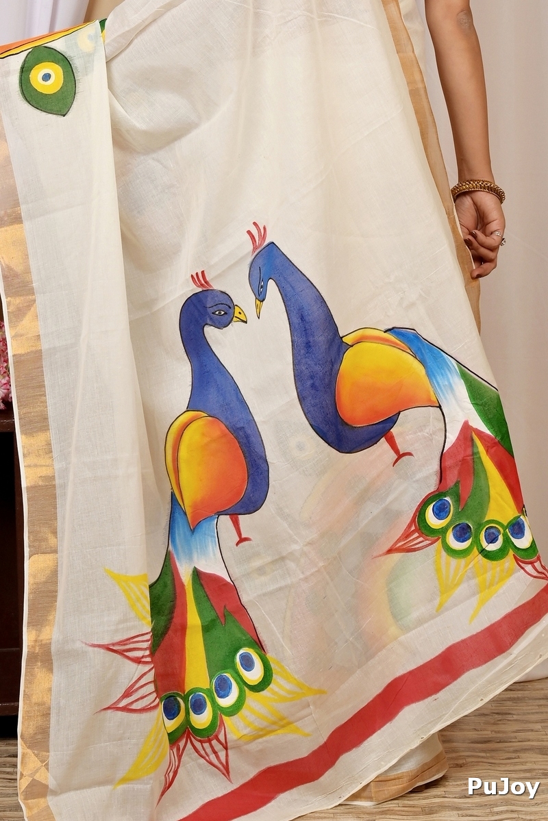 Multi-Coloured Pure Cotton Hataka Hand Painted Saree (9022)