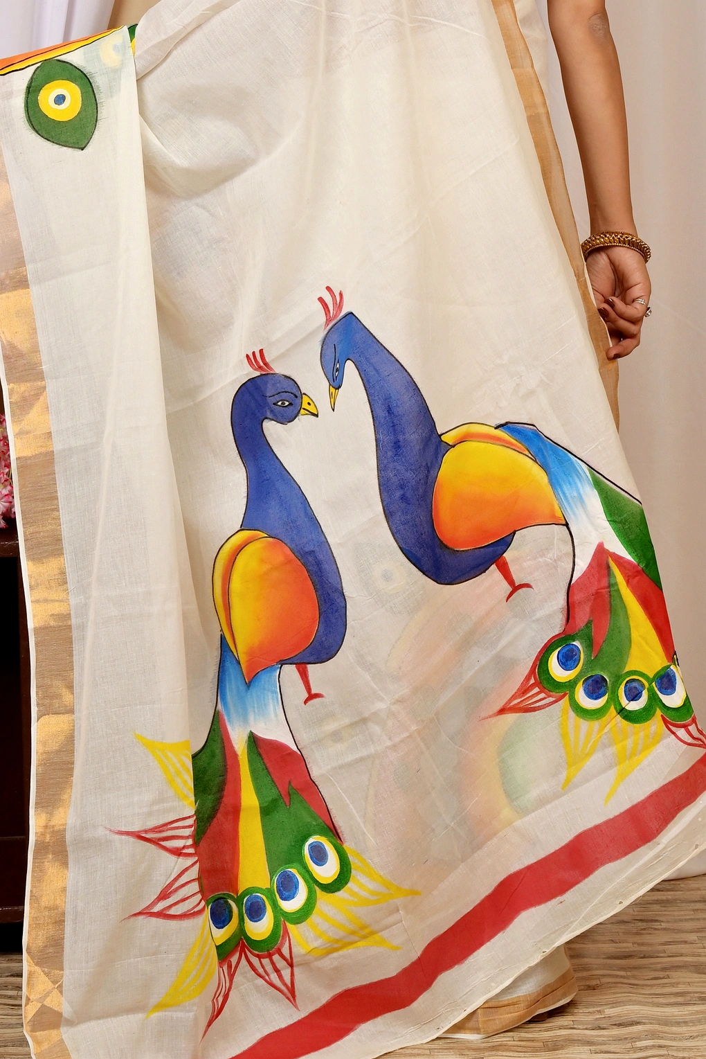 Multi-Coloured Pure Cotton Hataka Hand Painted Saree (9022)