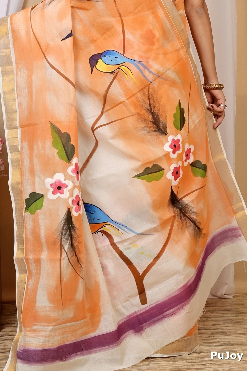Multi-Coloured Pure Cotton Hataka Hand Painted Saree (9023)