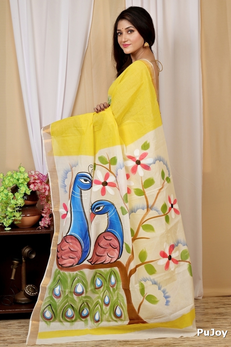 Multi-Coloured Pure Cotton Hataka Hand Painted Saree (9024)