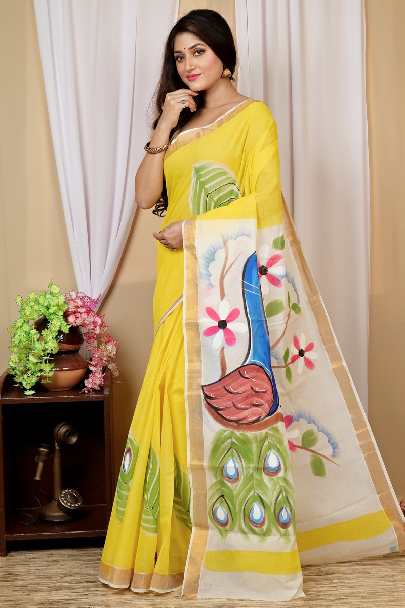 Multi-Coloured Pure Cotton Hataka Hand Painted Saree (9024)