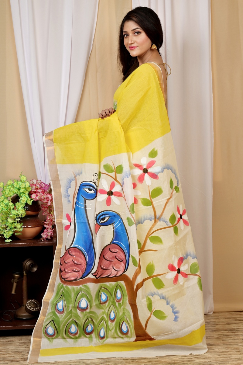 Multi-Coloured Pure Cotton Hataka Hand Painted Saree (9024)