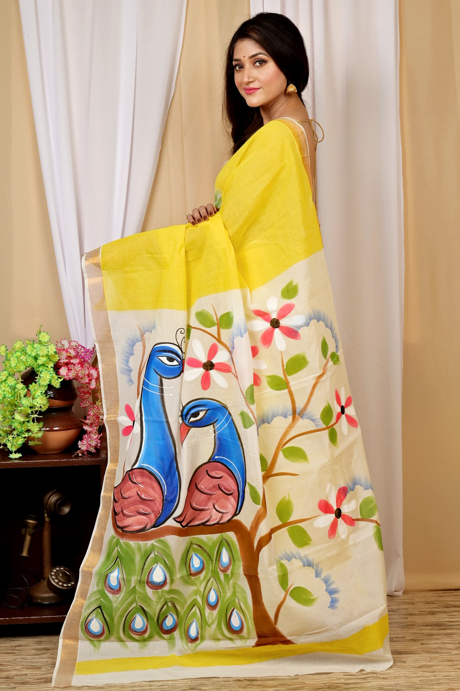 Multi-Coloured Pure Cotton Hataka Hand Painted Saree (9024)