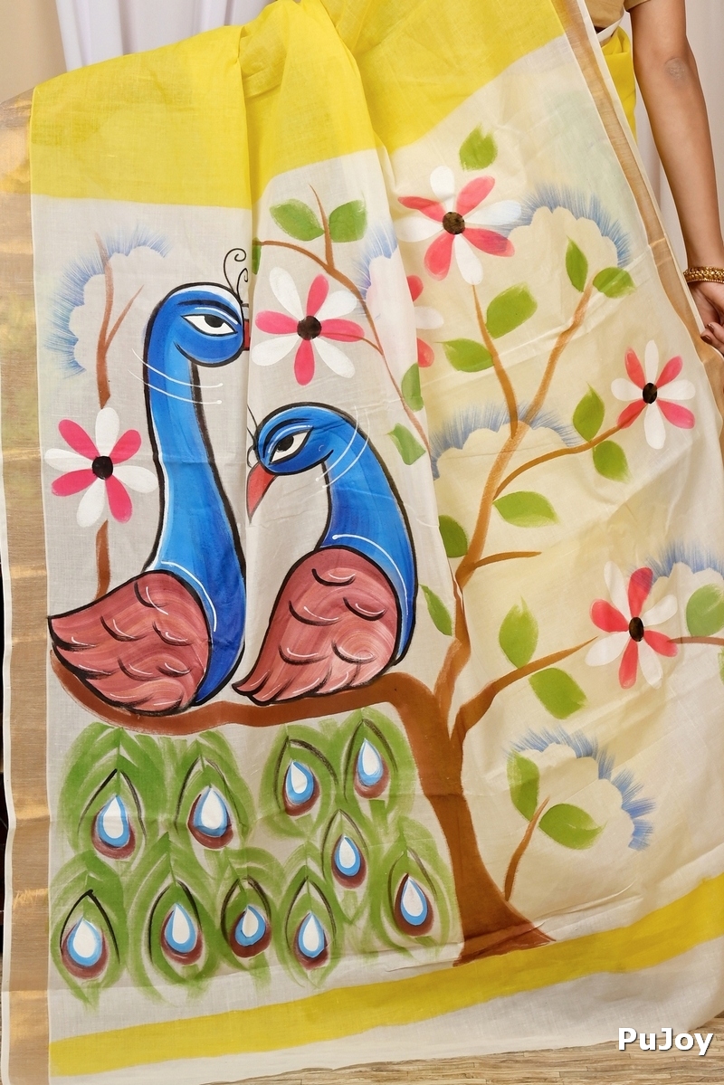 Multi-Coloured Pure Cotton Hataka Hand Painted Saree (9024)