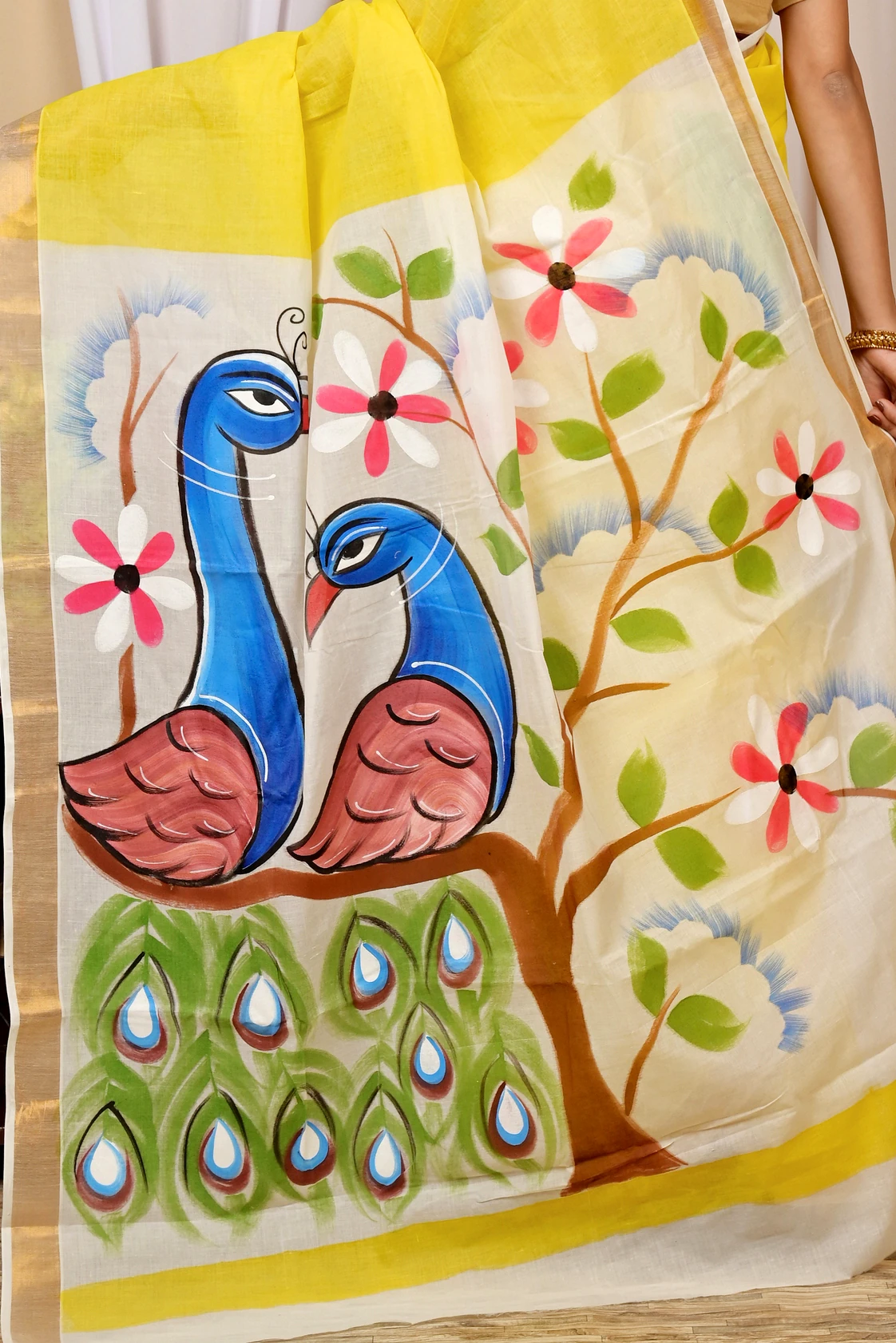 Multi-Coloured Pure Cotton Hataka Hand Painted Saree (9024)